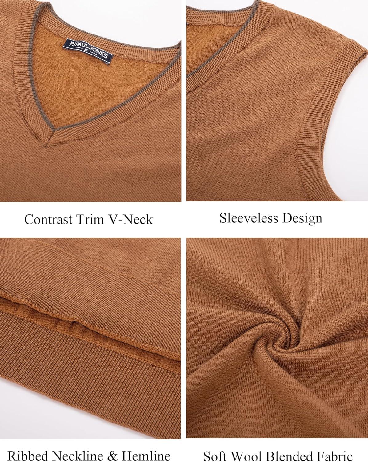 imagePJ PAUL JONES Mens Sweater Vest Wool Blended Knitted Vest Sweaters VNeck Sleeveless Pullover VestsBrown