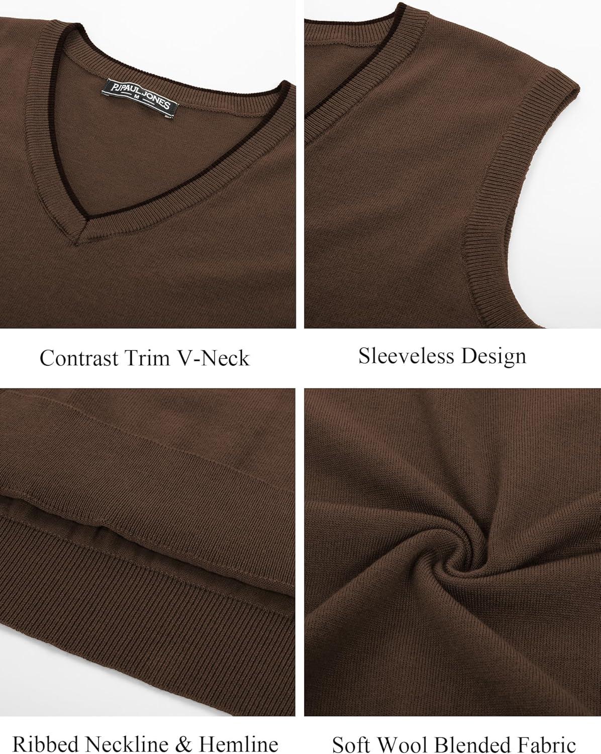 imagePJ PAUL JONES Mens Sweater Vest Wool Blended Knitted Vest Sweaters VNeck Sleeveless Pullover VestsCoffee