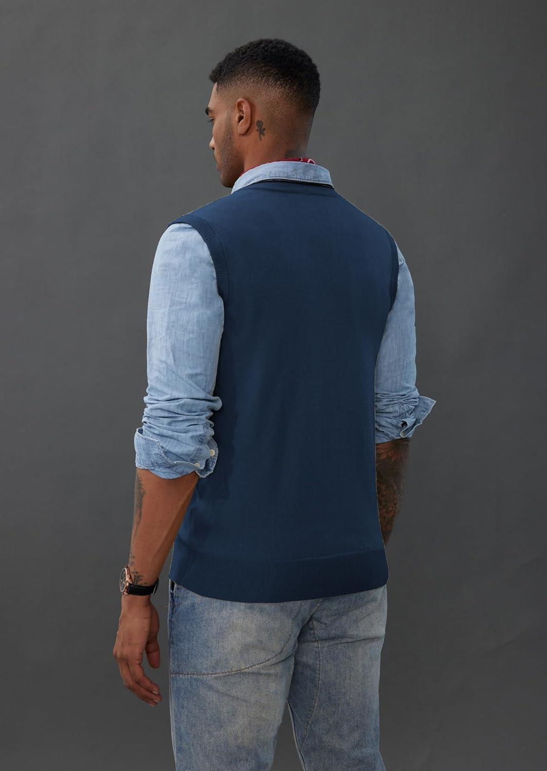 imagePJ PAUL JONES Mens Sweater Vest Wool Blended Knitted Vest Sweaters VNeck Sleeveless Pullover VestsDenim Blue