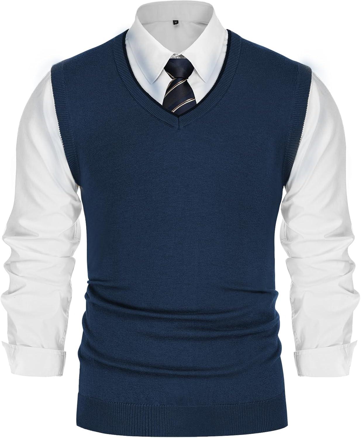 imagePJ PAUL JONES Mens Sweater Vest Wool Blended Knitted Vest Sweaters VNeck Sleeveless Pullover VestsDenim Blue