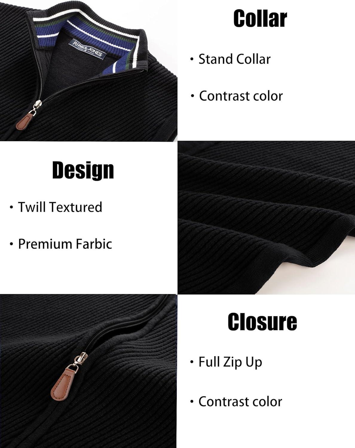 imagePJ PAUL JONES Mens Sweater Vests Slim Fit Twill Textured Full Zip Sleeveless Vests Casual OutwearBlack