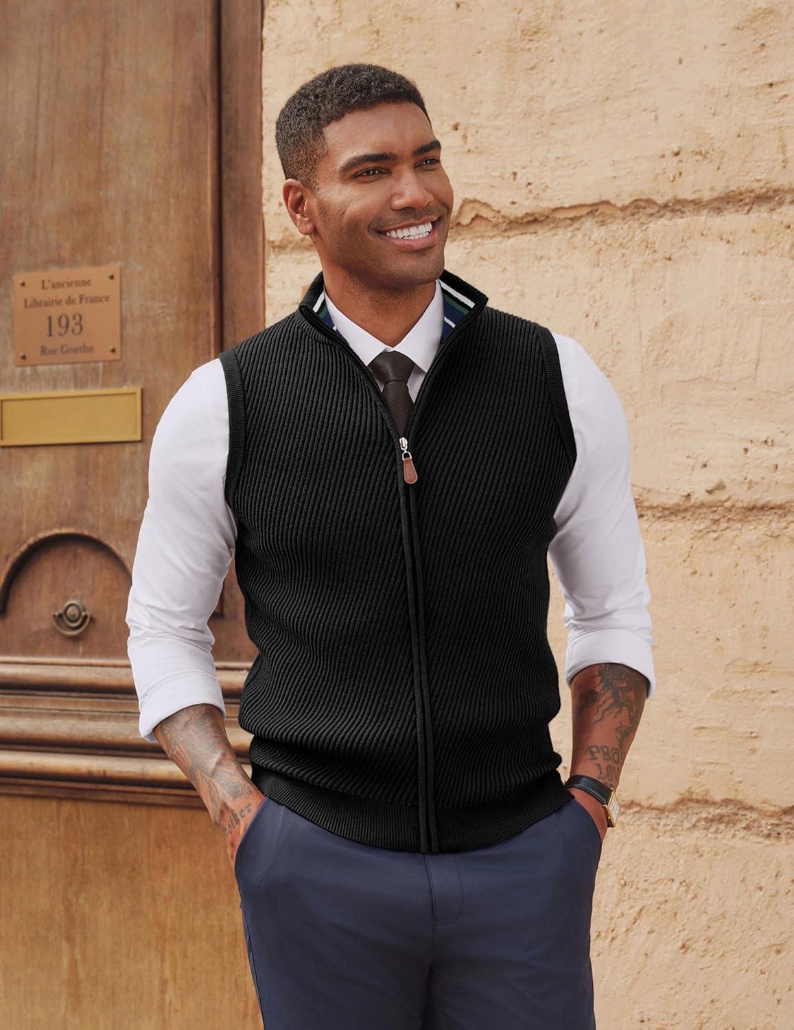 imagePJ PAUL JONES Mens Sweater Vests Slim Fit Twill Textured Full Zip Sleeveless Vests Casual OutwearBlack