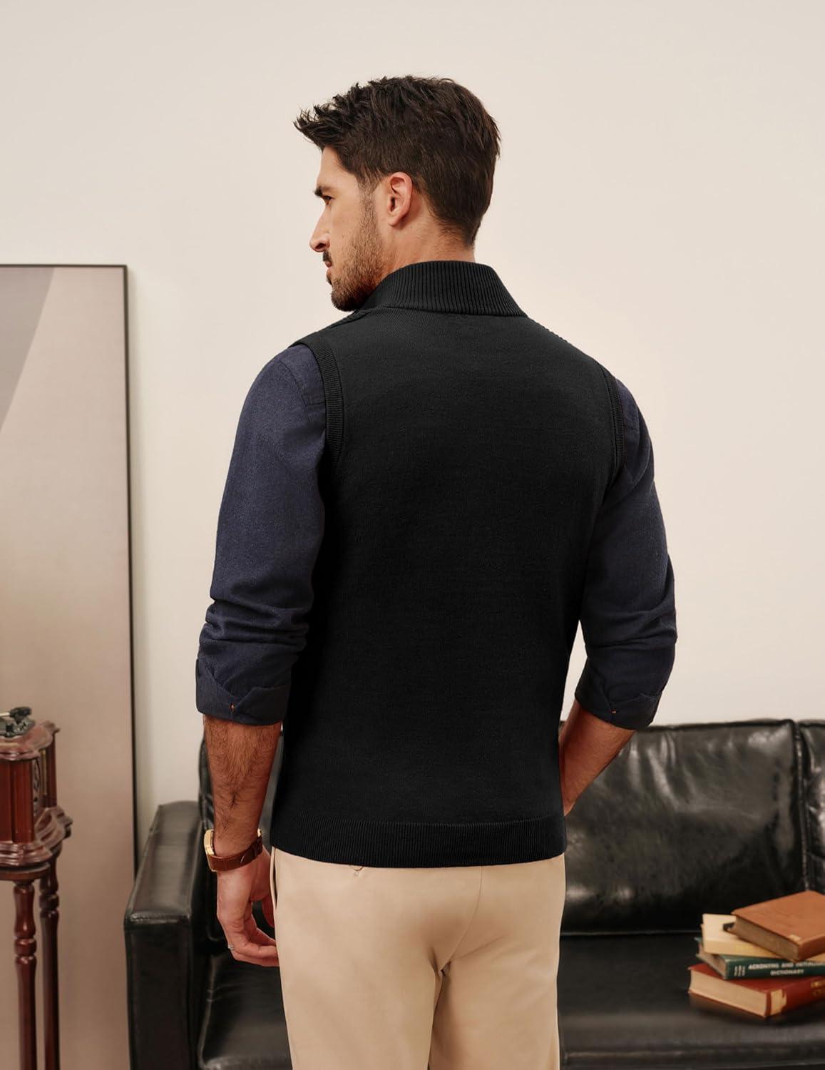 imagePJ PAUL JONES Mens Sweater Vests Slim Fit Twill Textured Full Zip Sleeveless Vests Casual OutwearBlack