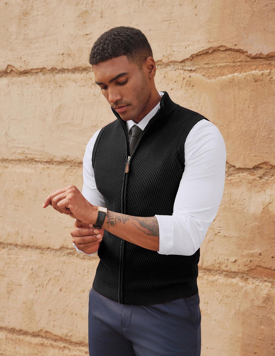 imagePJ PAUL JONES Mens Sweater Vests Slim Fit Twill Textured Full Zip Sleeveless Vests Casual OutwearBlack