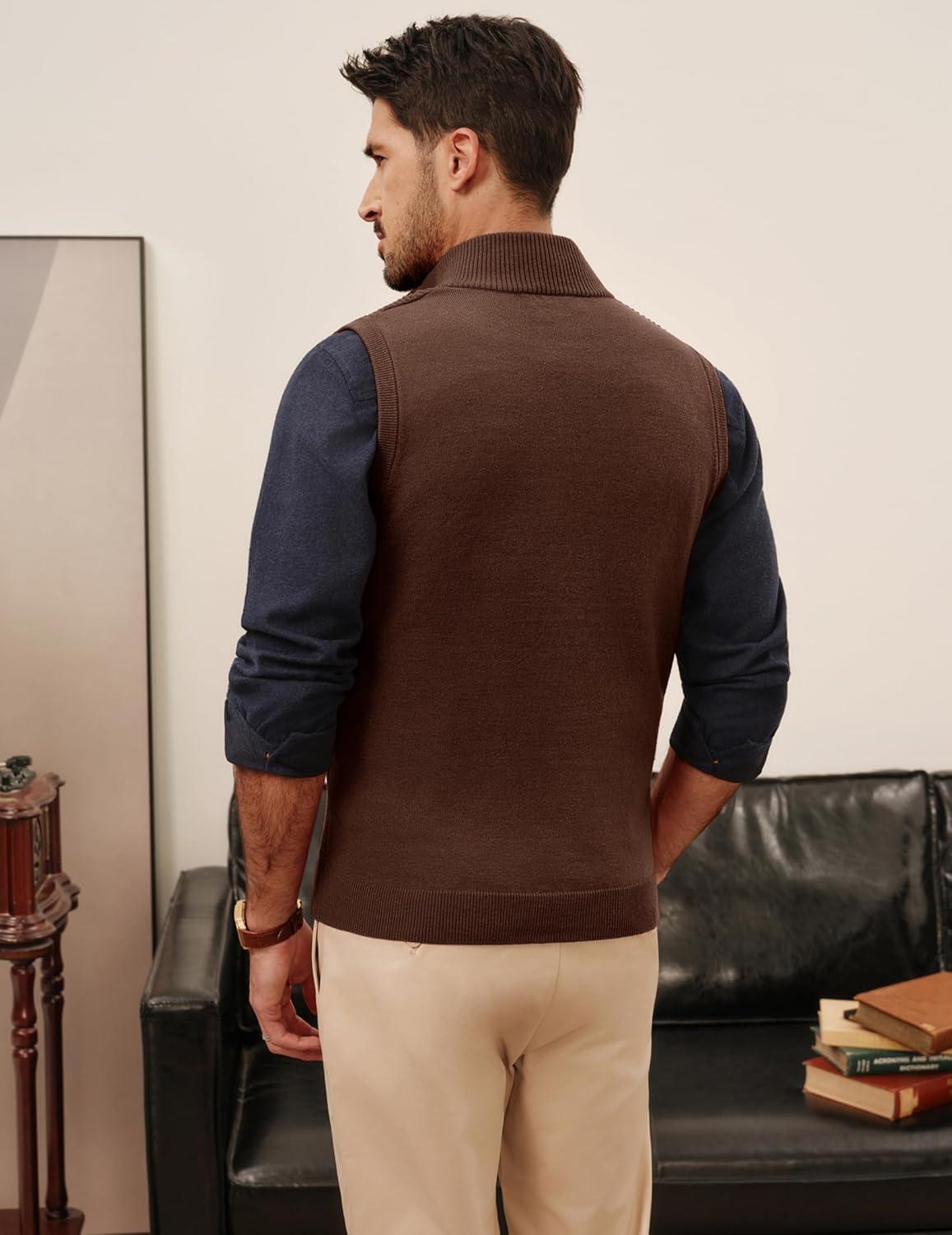 imagePJ PAUL JONES Mens Sweater Vests Slim Fit Twill Textured Full Zip Sleeveless Vests Casual OutwearCoffee