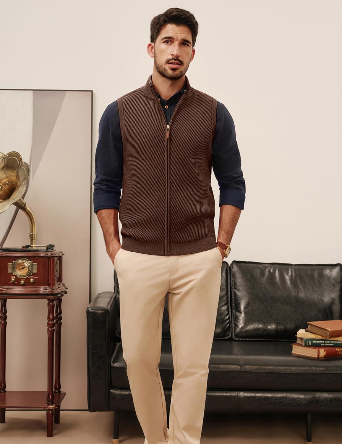 imagePJ PAUL JONES Mens Sweater Vests Slim Fit Twill Textured Full Zip Sleeveless Vests Casual OutwearCoffee