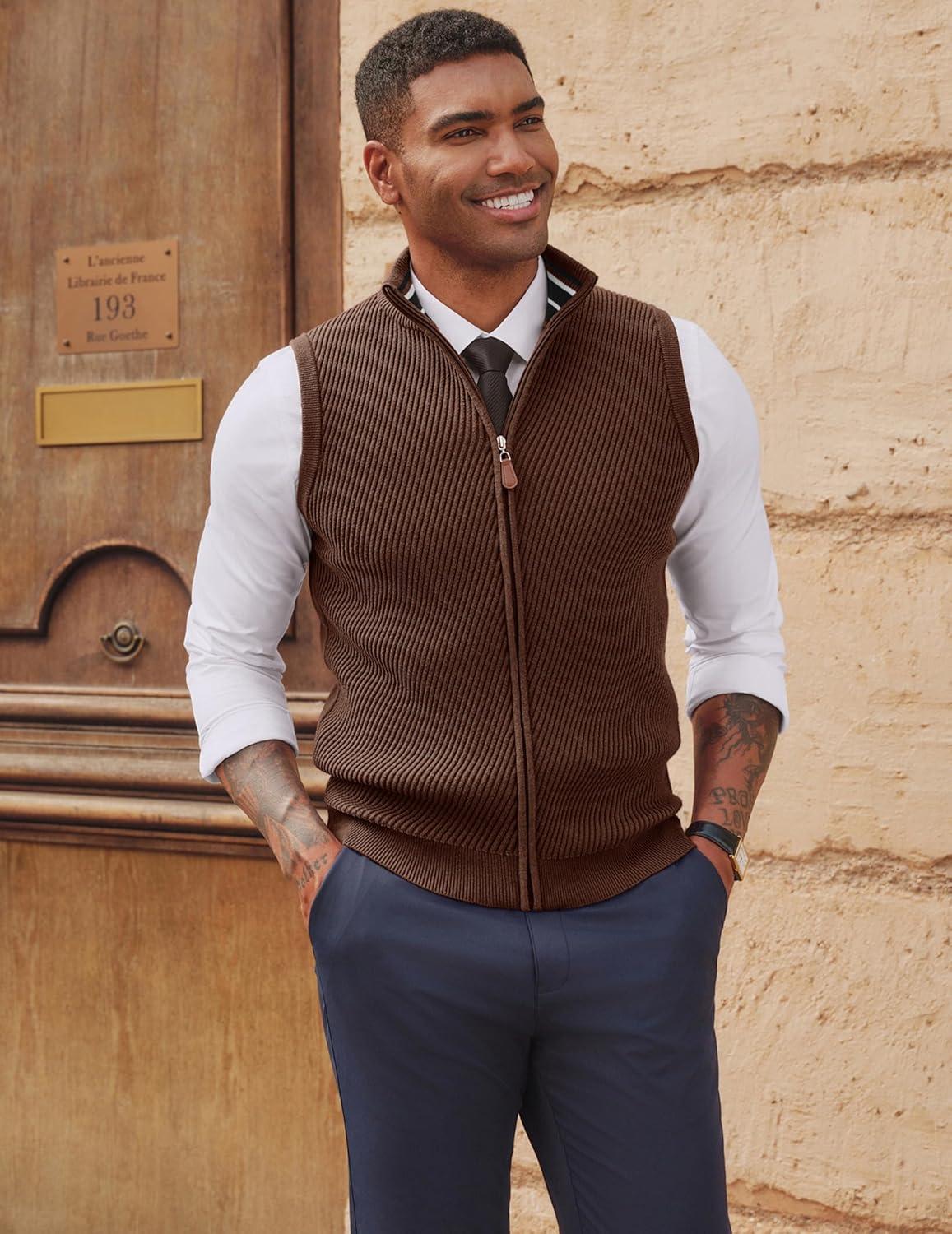 imagePJ PAUL JONES Mens Sweater Vests Slim Fit Twill Textured Full Zip Sleeveless Vests Casual OutwearCoffee