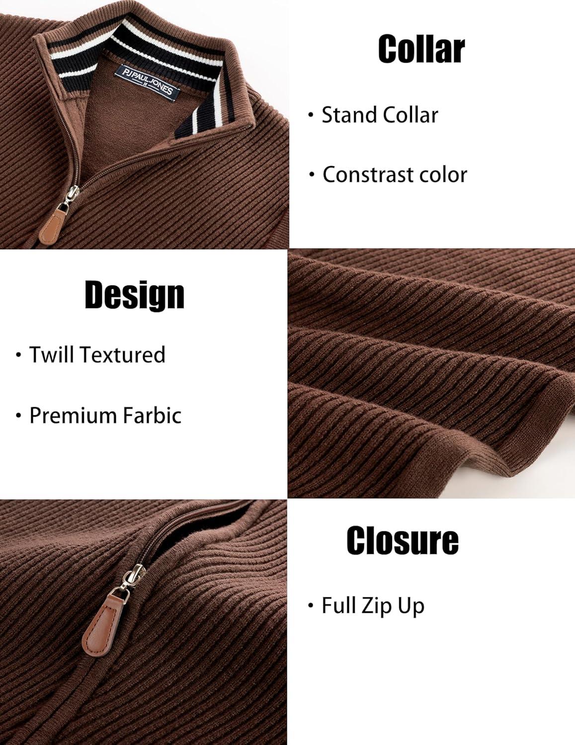 imagePJ PAUL JONES Mens Sweater Vests Slim Fit Twill Textured Full Zip Sleeveless Vests Casual OutwearCoffee