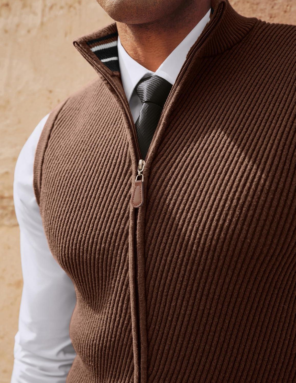 imagePJ PAUL JONES Mens Sweater Vests Slim Fit Twill Textured Full Zip Sleeveless Vests Casual OutwearCoffee