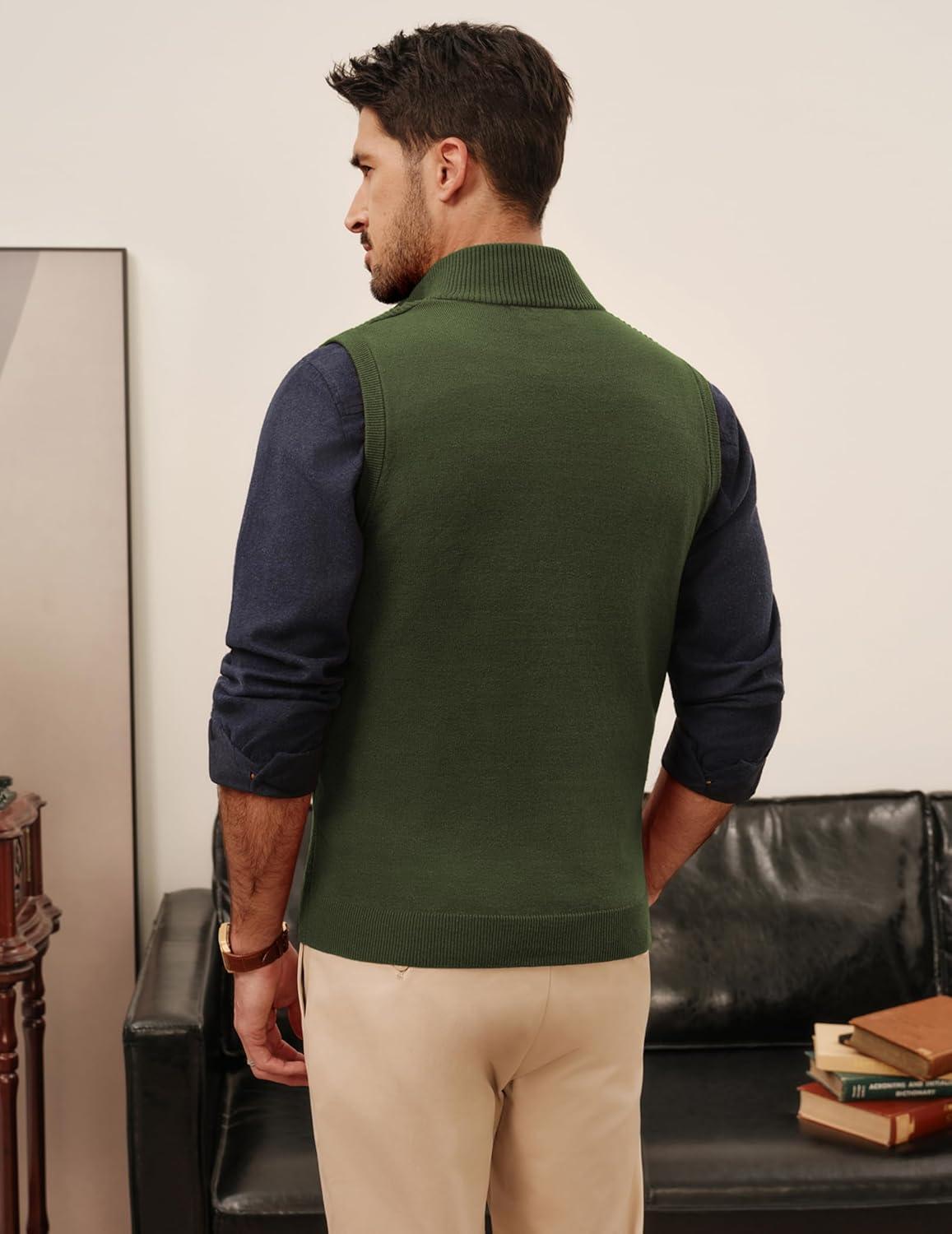 imagePJ PAUL JONES Mens Sweater Vests Slim Fit Twill Textured Full Zip Sleeveless Vests Casual OutwearGreen