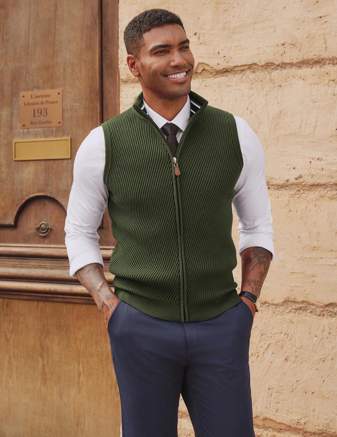 imagePJ PAUL JONES Mens Sweater Vests Slim Fit Twill Textured Full Zip Sleeveless Vests Casual OutwearGreen