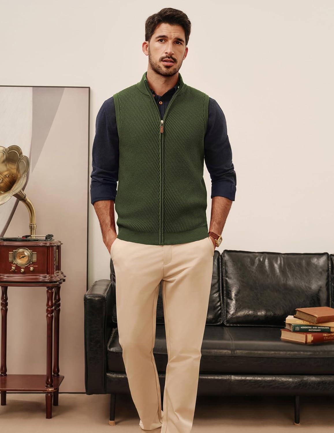 imagePJ PAUL JONES Mens Sweater Vests Slim Fit Twill Textured Full Zip Sleeveless Vests Casual OutwearGreen