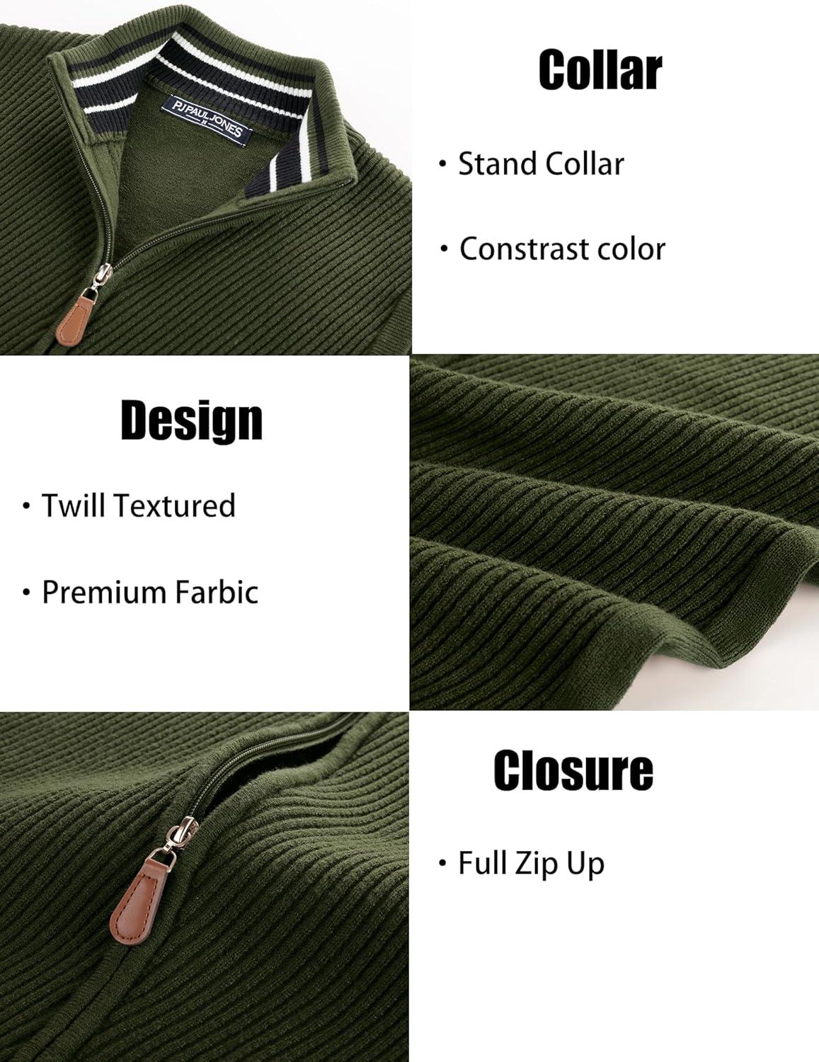 imagePJ PAUL JONES Mens Sweater Vests Slim Fit Twill Textured Full Zip Sleeveless Vests Casual OutwearGreen