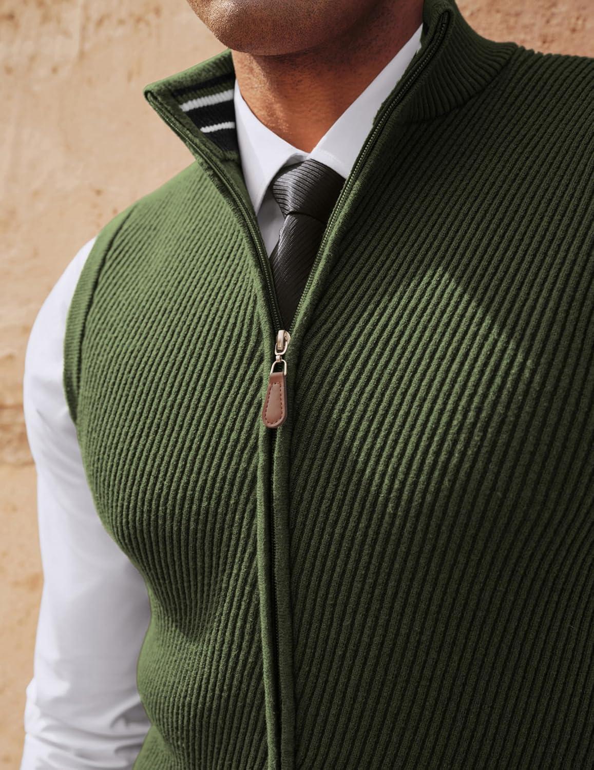 imagePJ PAUL JONES Mens Sweater Vests Slim Fit Twill Textured Full Zip Sleeveless Vests Casual OutwearGreen