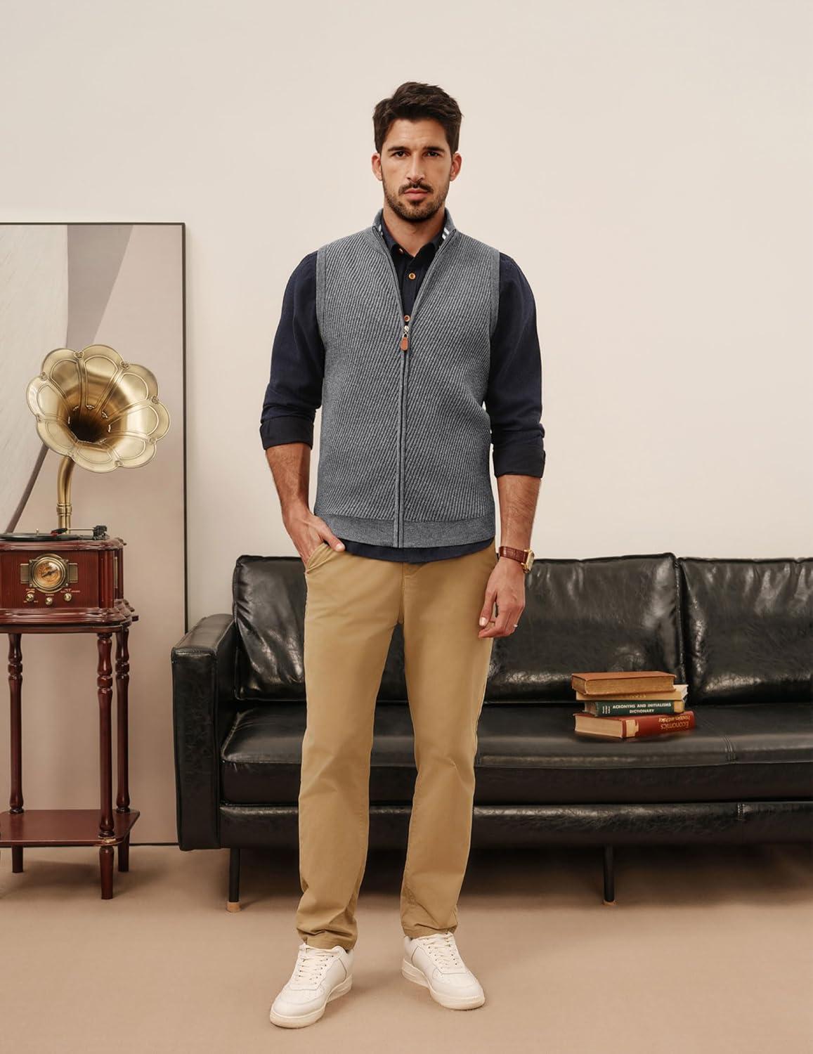 imagePJ PAUL JONES Mens Sweater Vests Slim Fit Twill Textured Full Zip Sleeveless Vests Casual OutwearLight Grey