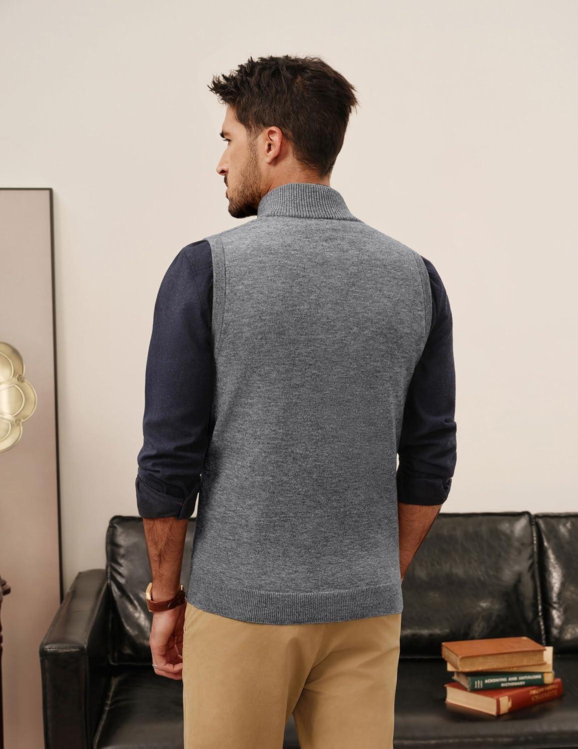 imagePJ PAUL JONES Mens Sweater Vests Slim Fit Twill Textured Full Zip Sleeveless Vests Casual OutwearLight Grey