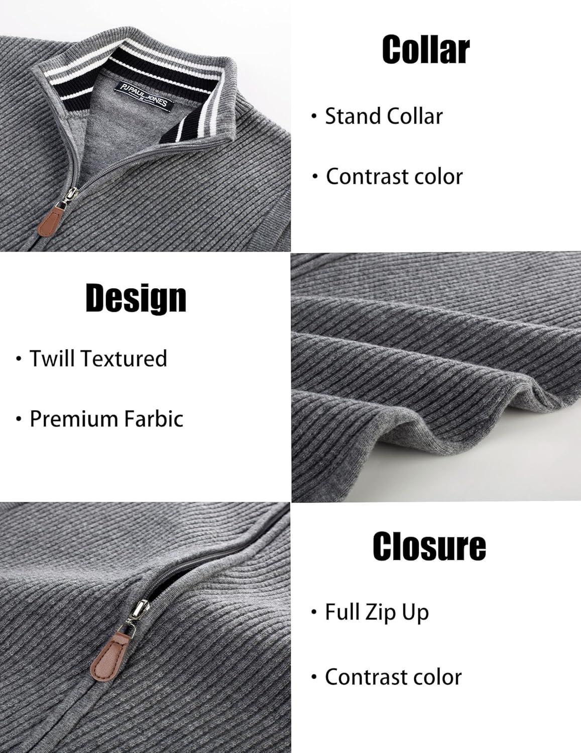 imagePJ PAUL JONES Mens Sweater Vests Slim Fit Twill Textured Full Zip Sleeveless Vests Casual OutwearLight Grey