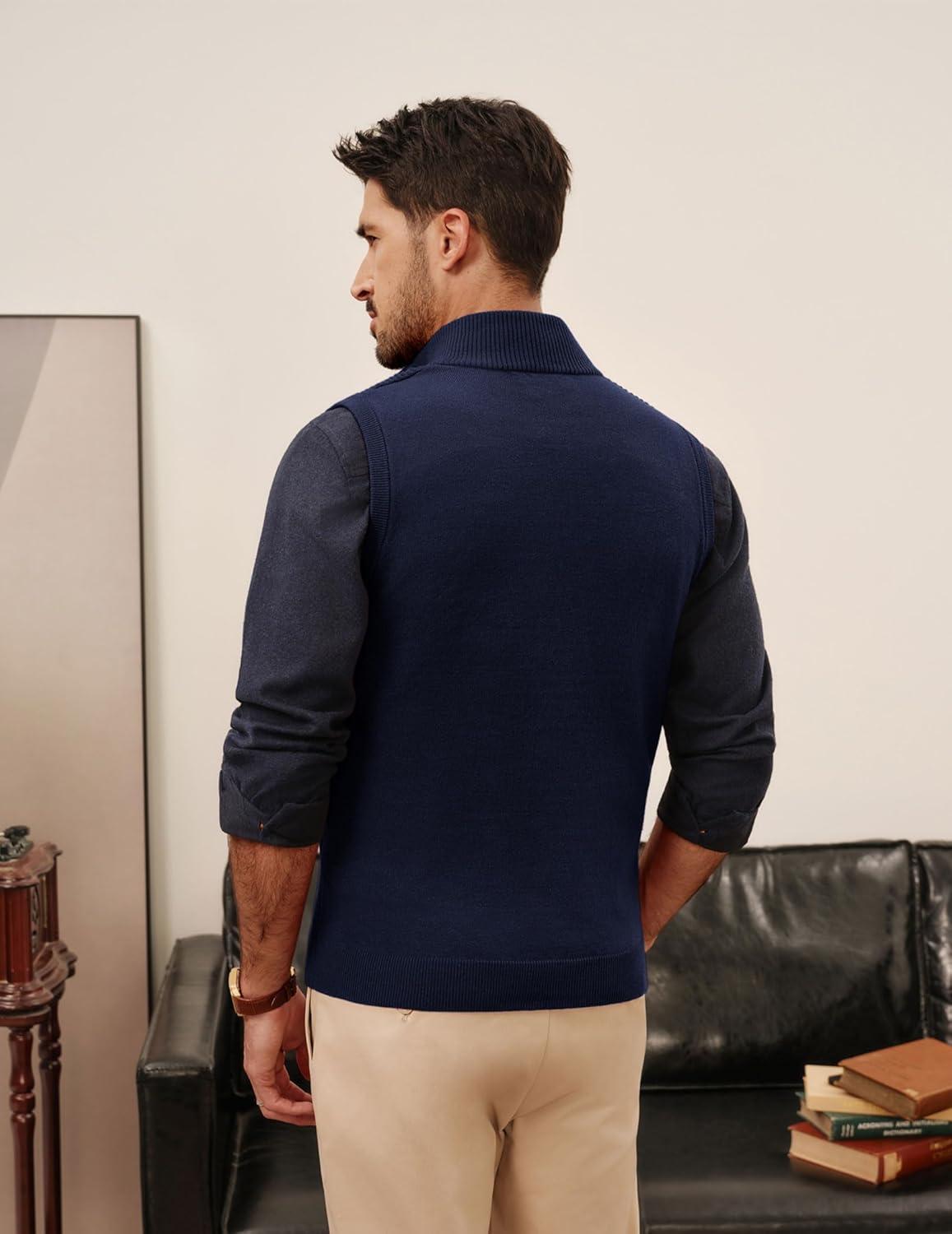 imagePJ PAUL JONES Mens Sweater Vests Slim Fit Twill Textured Full Zip Sleeveless Vests Casual OutwearNavy Blue