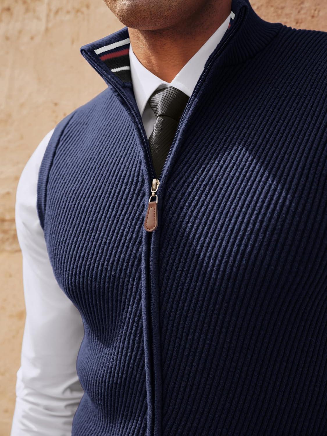 imagePJ PAUL JONES Mens Sweater Vests Slim Fit Twill Textured Full Zip Sleeveless Vests Casual OutwearNavy Blue