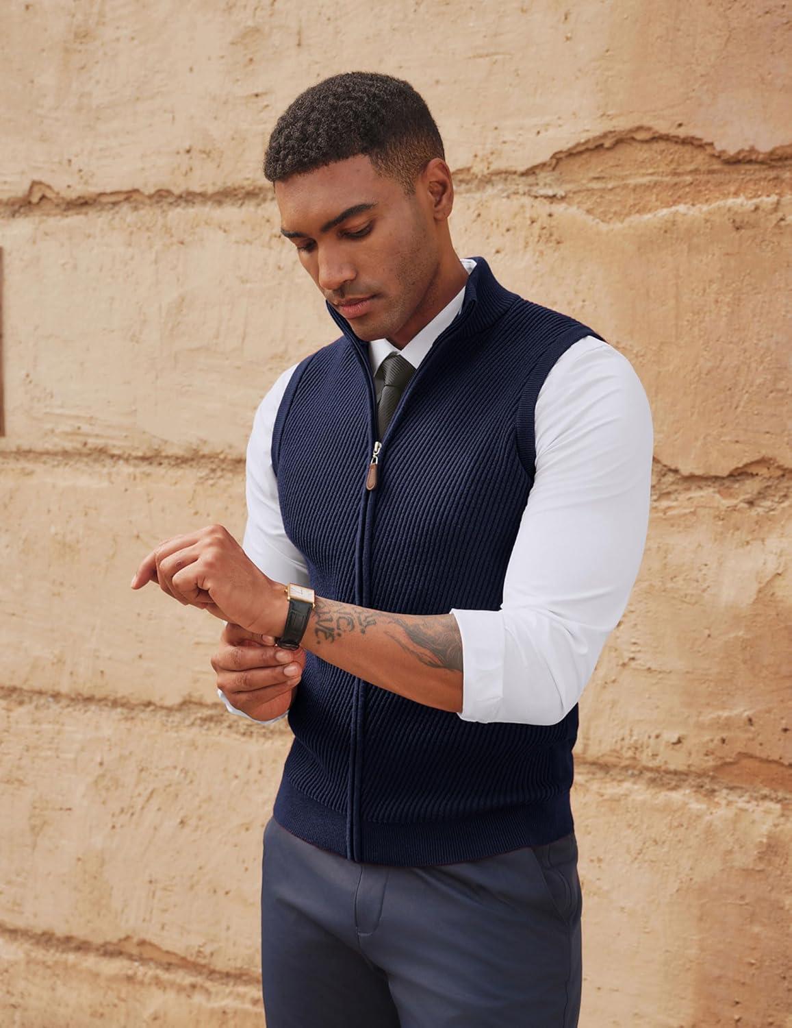 imagePJ PAUL JONES Mens Sweater Vests Slim Fit Twill Textured Full Zip Sleeveless Vests Casual OutwearNavy Blue