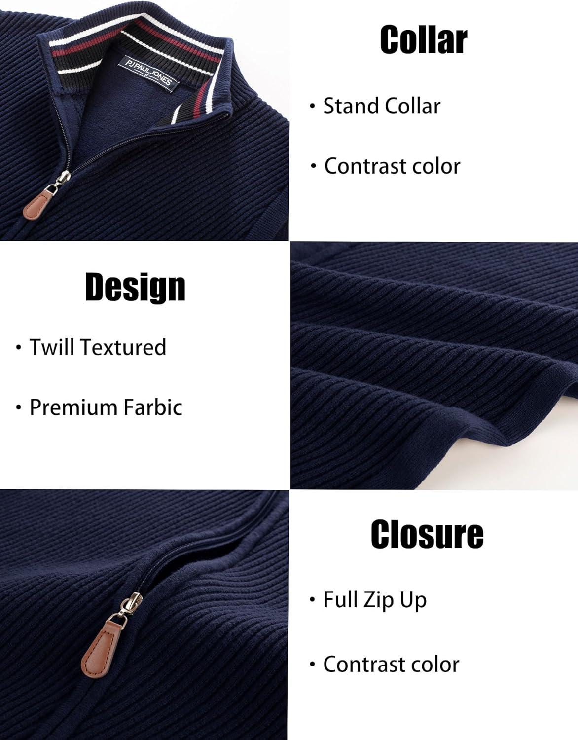 imagePJ PAUL JONES Mens Sweater Vests Slim Fit Twill Textured Full Zip Sleeveless Vests Casual OutwearNavy Blue