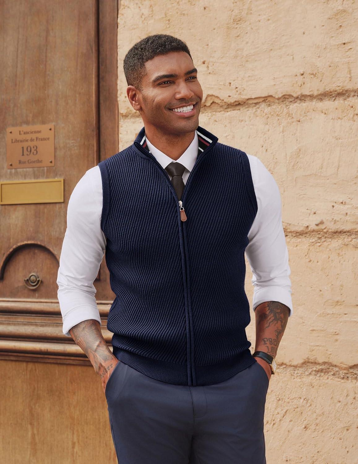 imagePJ PAUL JONES Mens Sweater Vests Slim Fit Twill Textured Full Zip Sleeveless Vests Casual OutwearNavy Blue