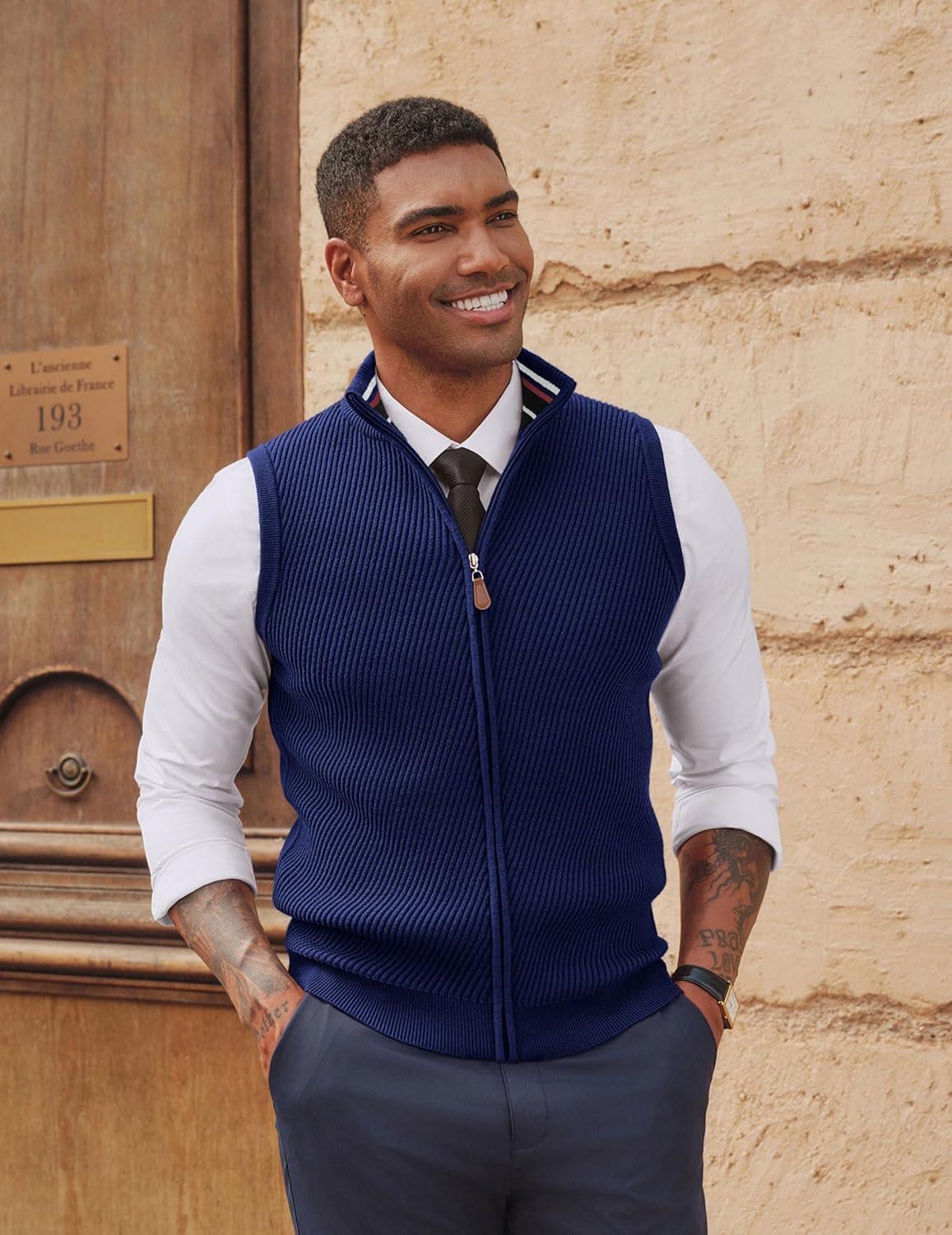 imagePJ PAUL JONES Mens Sweater Vests Slim Fit Twill Textured Full Zip Sleeveless Vests Casual OutwearRoyal Blue