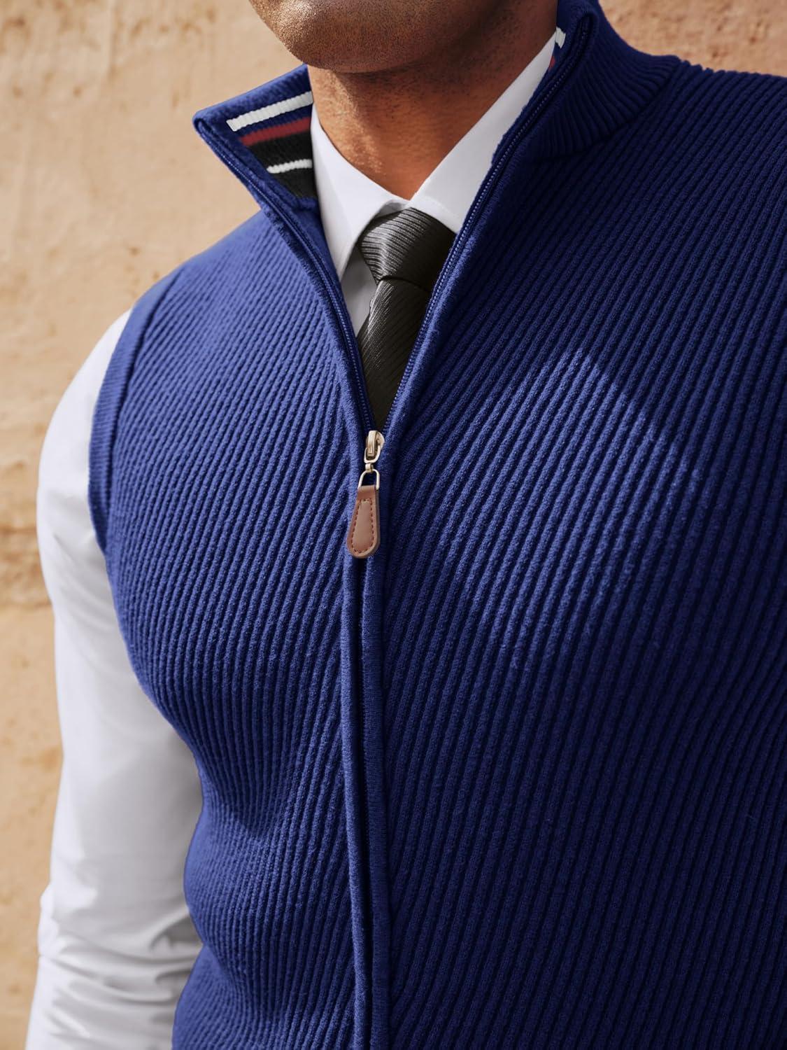 imagePJ PAUL JONES Mens Sweater Vests Slim Fit Twill Textured Full Zip Sleeveless Vests Casual OutwearRoyal Blue