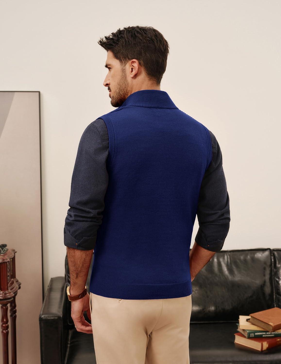 imagePJ PAUL JONES Mens Sweater Vests Slim Fit Twill Textured Full Zip Sleeveless Vests Casual OutwearRoyal Blue