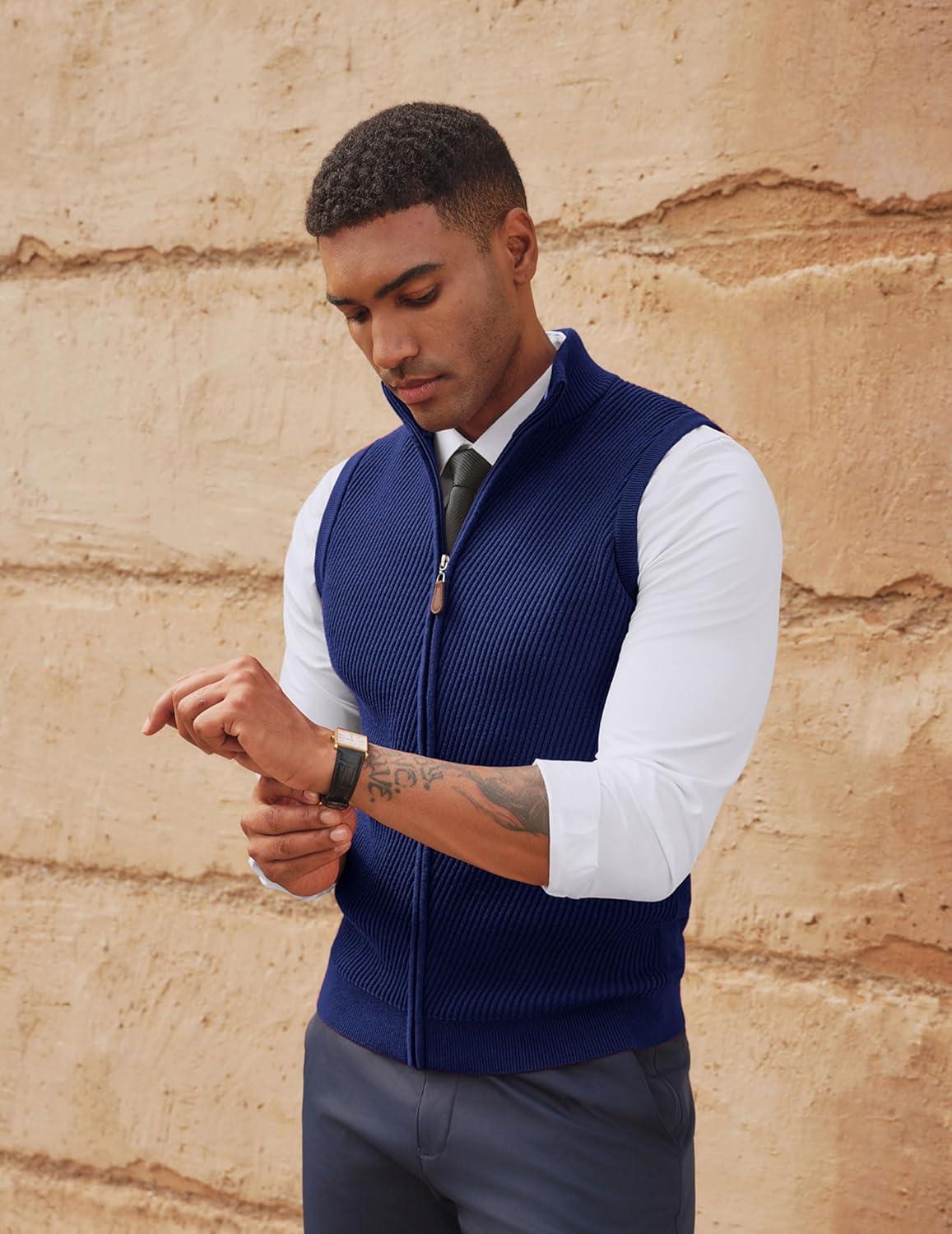 imagePJ PAUL JONES Mens Sweater Vests Slim Fit Twill Textured Full Zip Sleeveless Vests Casual OutwearRoyal Blue