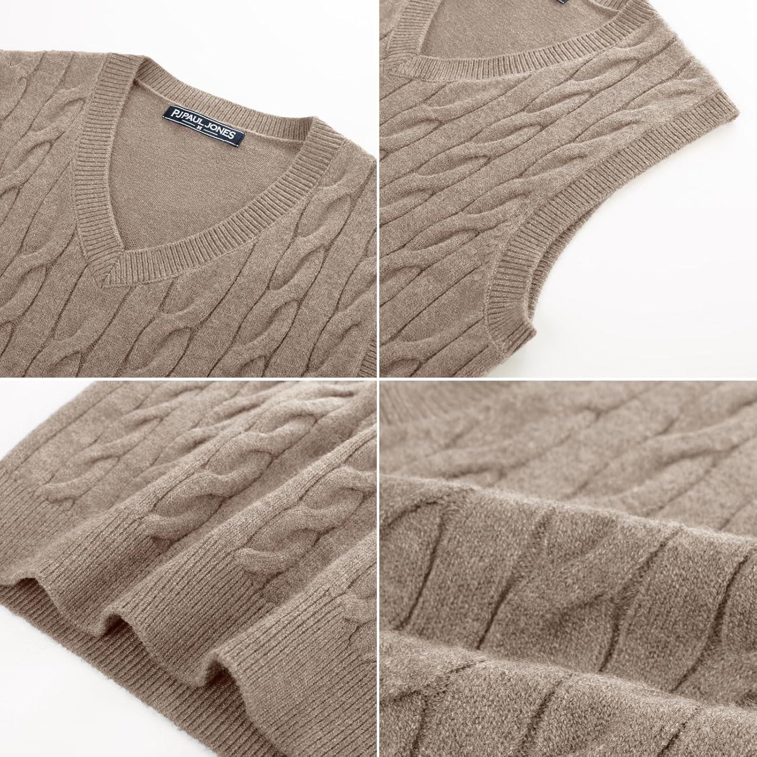 imagePJ PAUL JONES Mens Sweater Vests V Neck Cable Twist Knit Sleeveless Vests Casual Pullover SweaterApricot