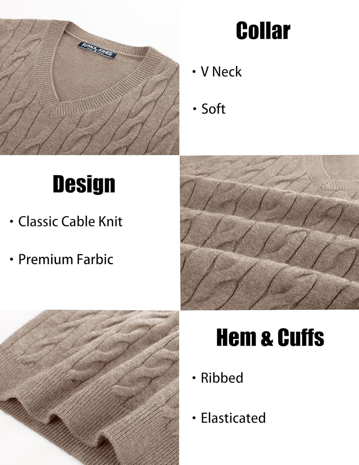 imagePJ PAUL JONES Mens Sweater Vests V Neck Cable Twist Knit Sleeveless Vests Casual Pullover SweaterApricot