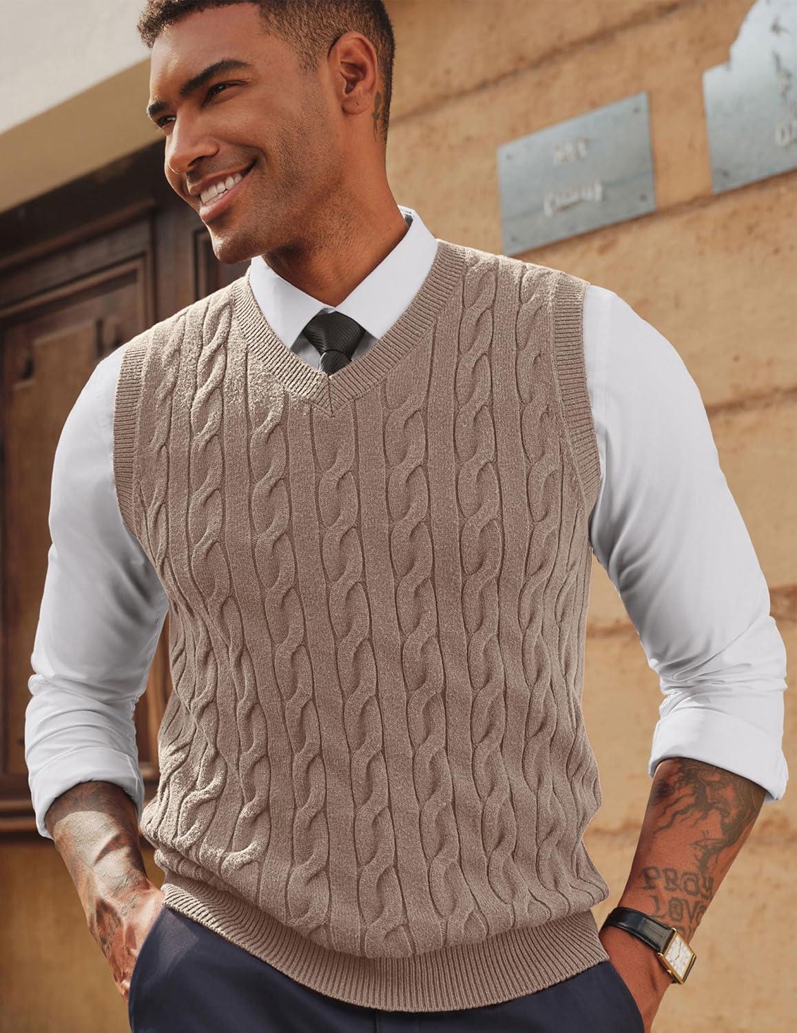 imagePJ PAUL JONES Mens Sweater Vests V Neck Cable Twist Knit Sleeveless Vests Casual Pullover SweaterApricot