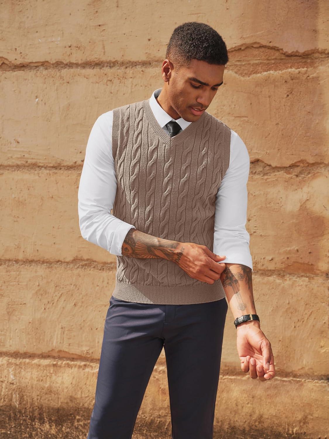 imagePJ PAUL JONES Mens Sweater Vests V Neck Cable Twist Knit Sleeveless Vests Casual Pullover SweaterApricot