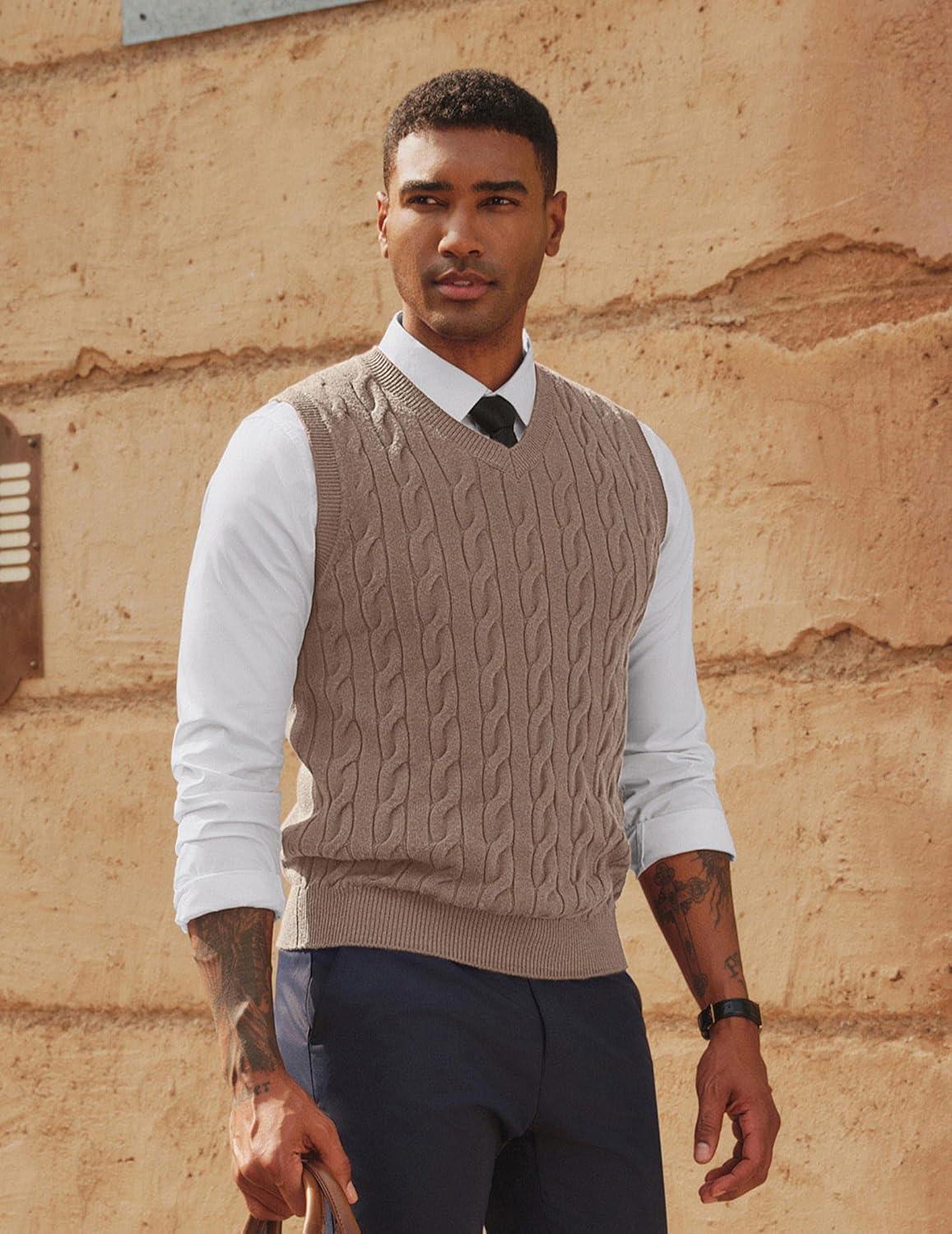 imagePJ PAUL JONES Mens Sweater Vests V Neck Cable Twist Knit Sleeveless Vests Casual Pullover SweaterApricot