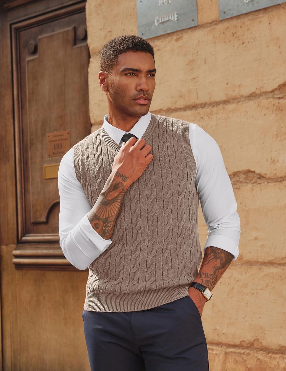 imagePJ PAUL JONES Mens Sweater Vests V Neck Cable Twist Knit Sleeveless Vests Casual Pullover SweaterApricot