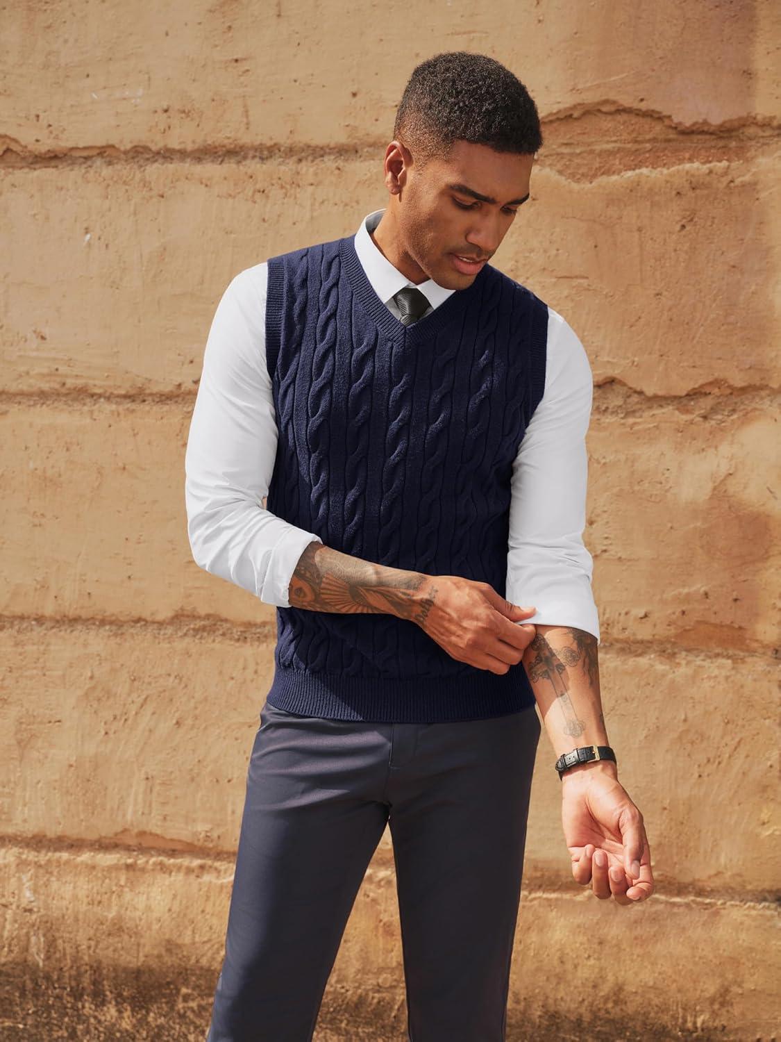 imagePJ PAUL JONES Mens Sweater Vests V Neck Cable Twist Knit Sleeveless Vests Casual Pullover SweaterNavy Blue