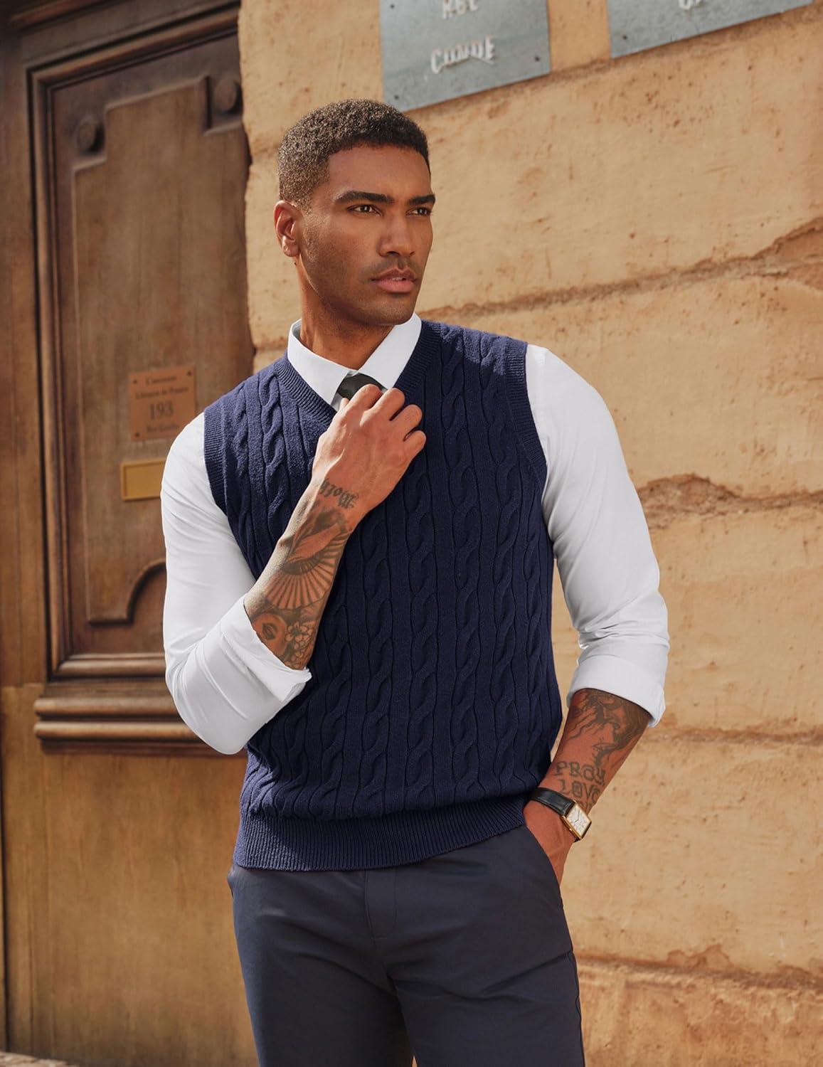 imagePJ PAUL JONES Mens Sweater Vests V Neck Cable Twist Knit Sleeveless Vests Casual Pullover SweaterNavy Blue