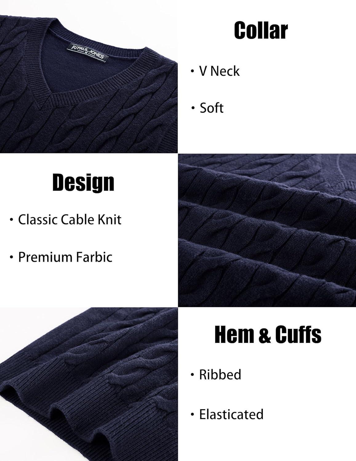 imagePJ PAUL JONES Mens Sweater Vests V Neck Cable Twist Knit Sleeveless Vests Casual Pullover SweaterNavy Blue