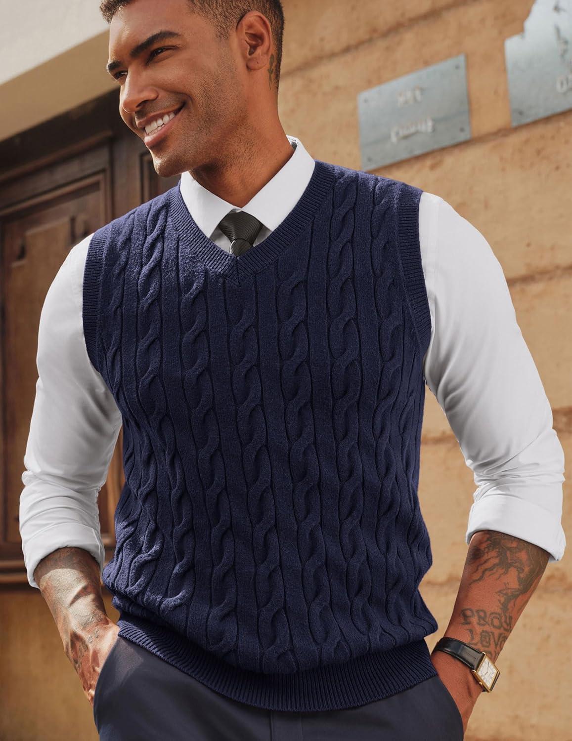 imagePJ PAUL JONES Mens Sweater Vests V Neck Cable Twist Knit Sleeveless Vests Casual Pullover SweaterNavy Blue