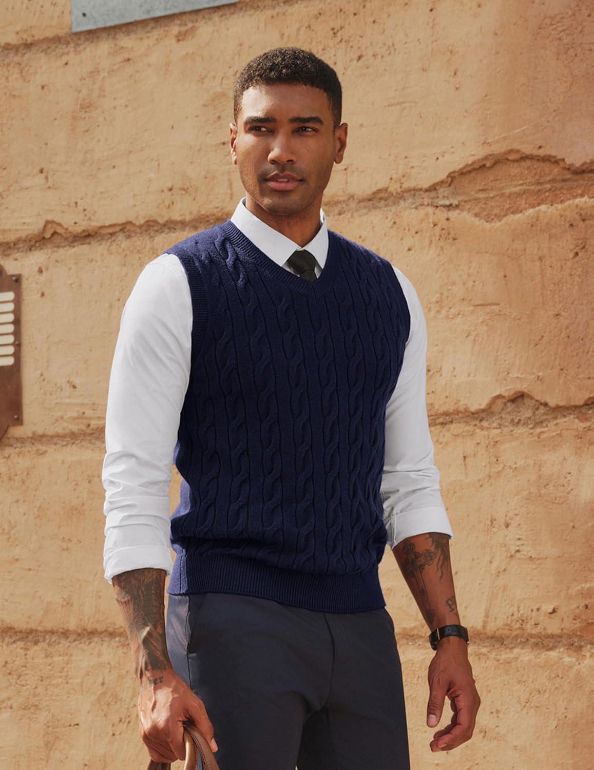 imagePJ PAUL JONES Mens Sweater Vests V Neck Cable Twist Knit Sleeveless Vests Casual Pullover SweaterNavy Blue