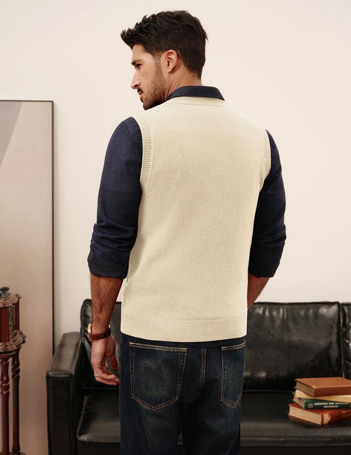imagePJ PAUL JONES Mens Sweater Vests V Neck Cable Twist Knit Sleeveless Vests Casual Pullover SweaterWhite