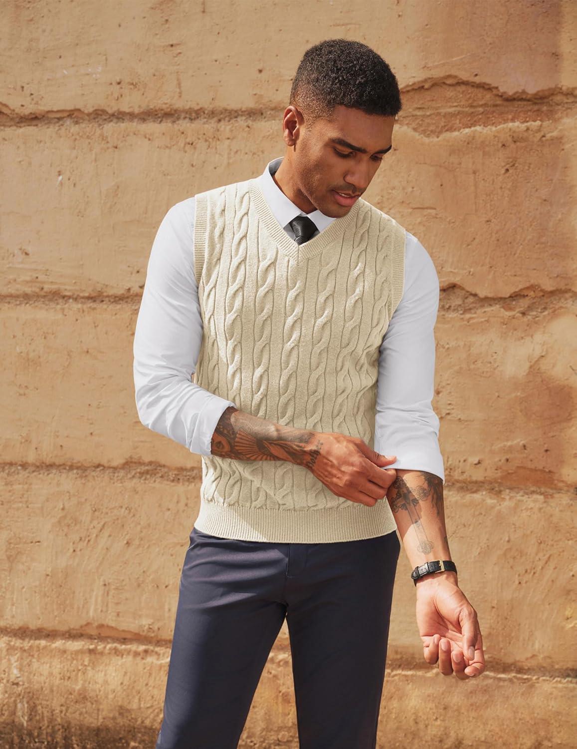 imagePJ PAUL JONES Mens Sweater Vests V Neck Cable Twist Knit Sleeveless Vests Casual Pullover SweaterWhite