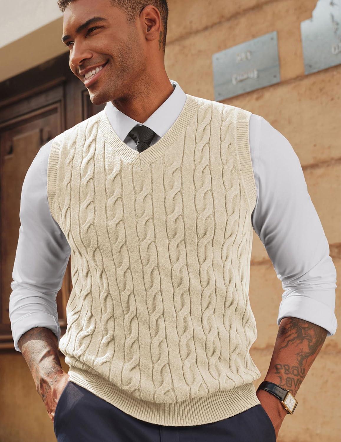 imagePJ PAUL JONES Mens Sweater Vests V Neck Cable Twist Knit Sleeveless Vests Casual Pullover SweaterWhite