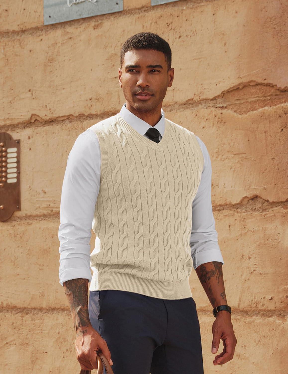 imagePJ PAUL JONES Mens Sweater Vests V Neck Cable Twist Knit Sleeveless Vests Casual Pullover SweaterWhite