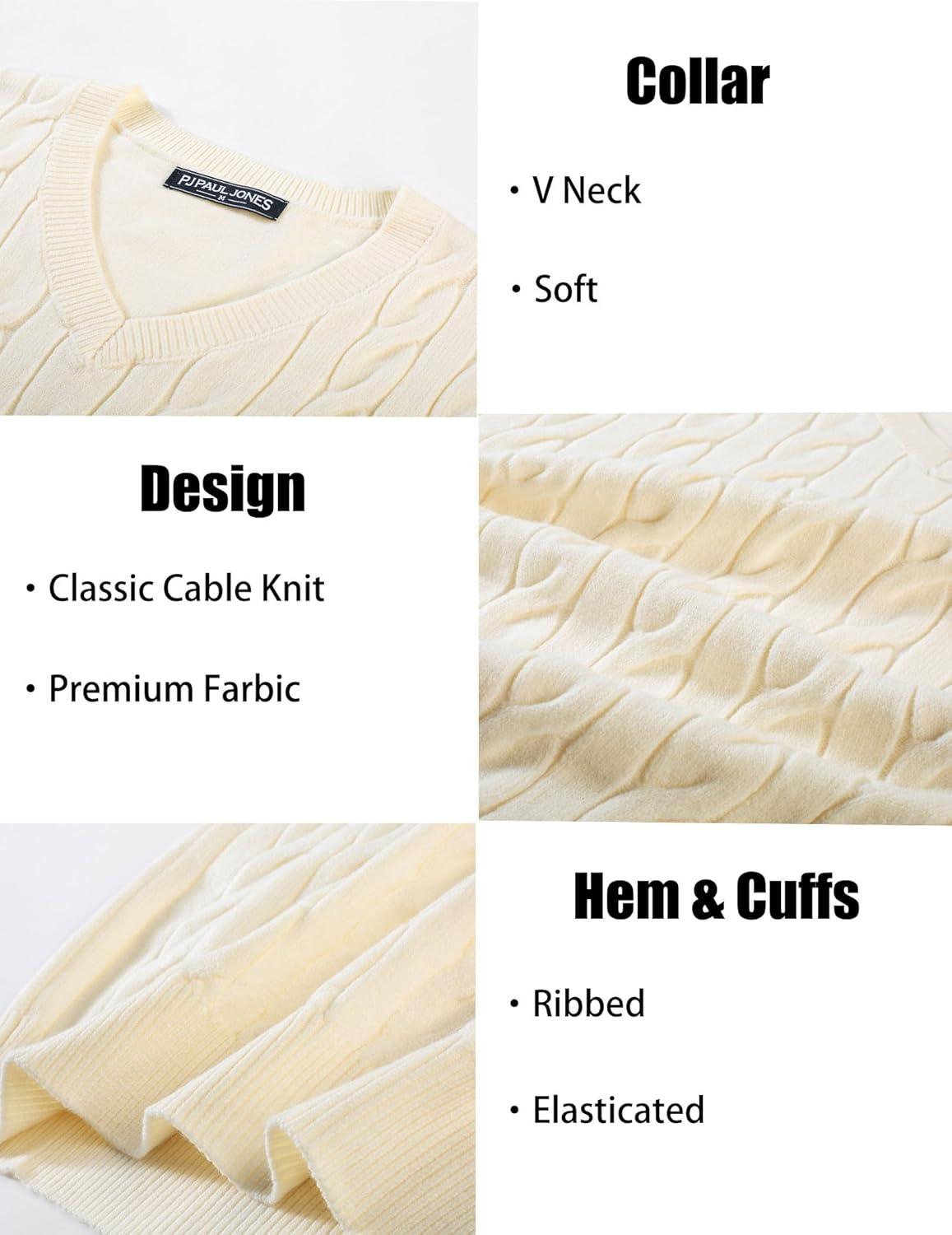 imagePJ PAUL JONES Mens Sweater Vests V Neck Cable Twist Knit Sleeveless Vests Casual Pullover SweaterWhite