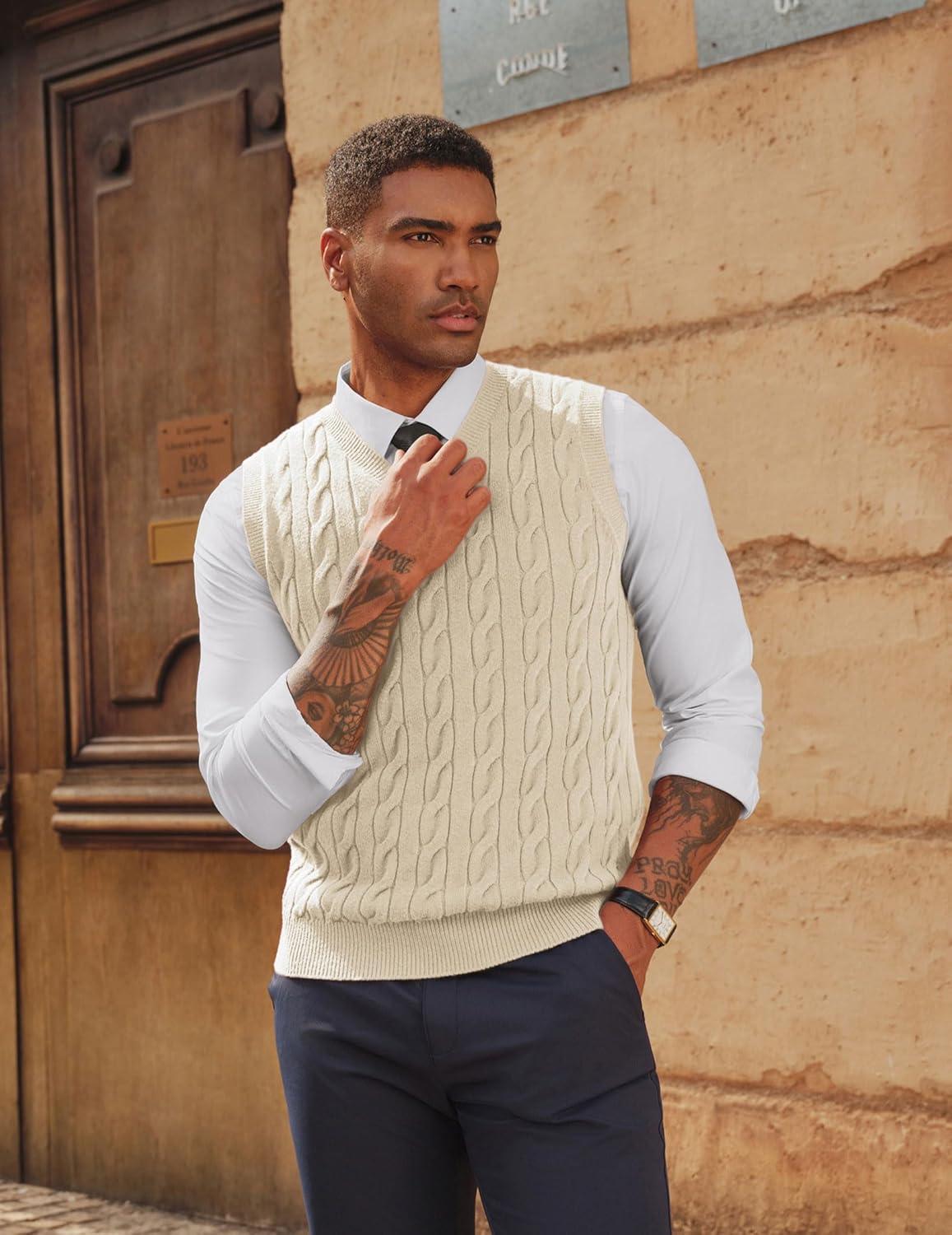 imagePJ PAUL JONES Mens Sweater Vests V Neck Cable Twist Knit Sleeveless Vests Casual Pullover SweaterWhite