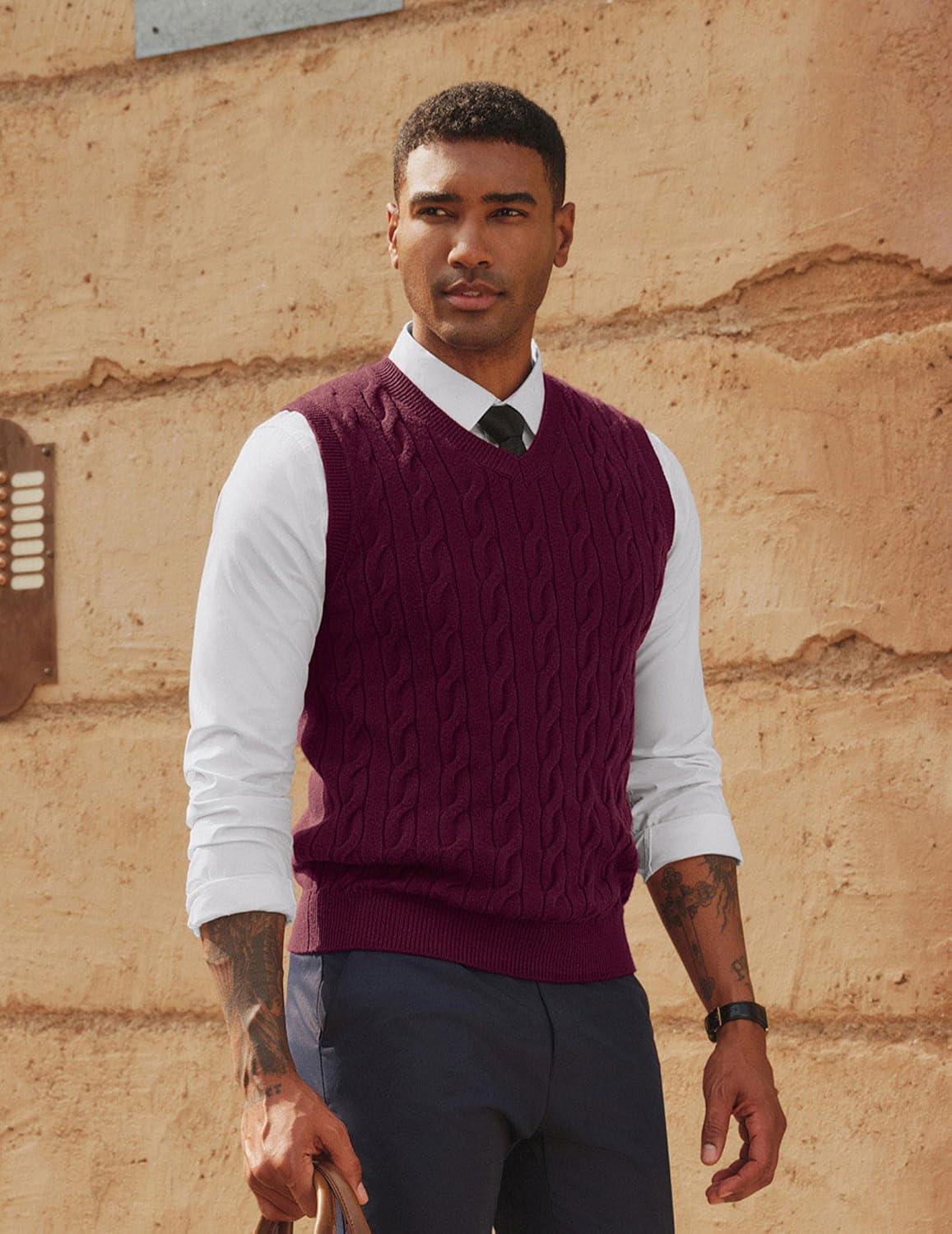 imagePJ PAUL JONES Mens Sweater Vests V Neck Cable Twist Knit Sleeveless Vests Casual Pullover SweaterWine Red