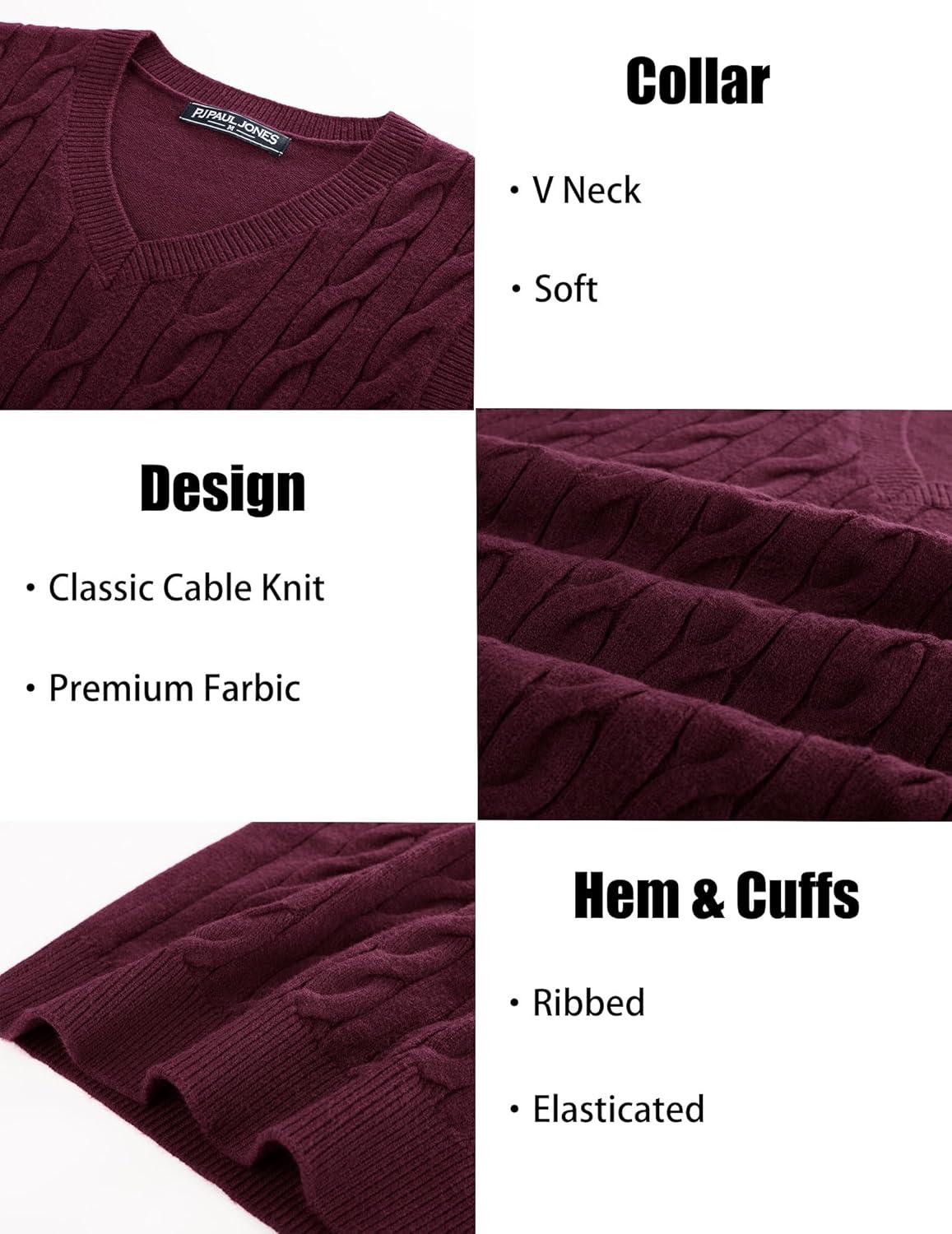 imagePJ PAUL JONES Mens Sweater Vests V Neck Cable Twist Knit Sleeveless Vests Casual Pullover SweaterWine Red