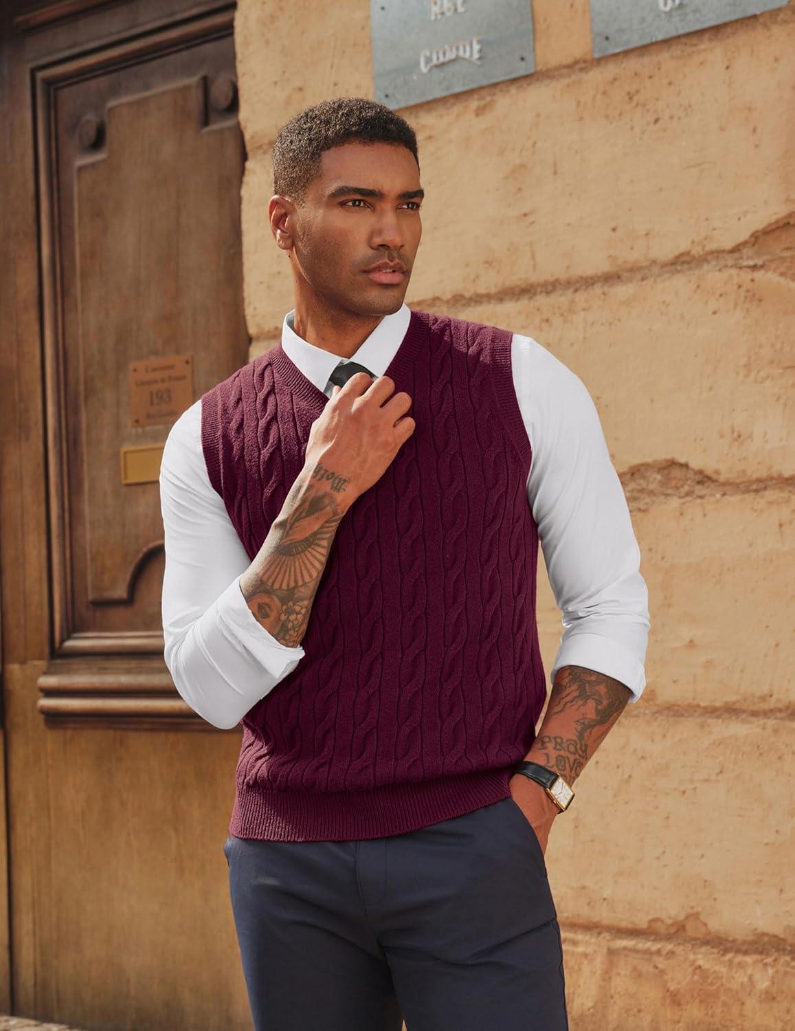 imagePJ PAUL JONES Mens Sweater Vests V Neck Cable Twist Knit Sleeveless Vests Casual Pullover SweaterWine Red